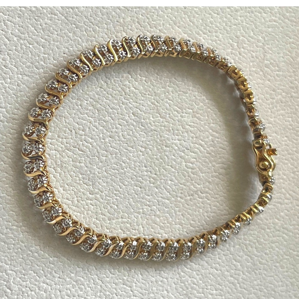 Vtg 925 Sterling Silver Gold Vermeil CZ Tennis Bracelet 7.25" Wave Link Design - Picture 3 of 10